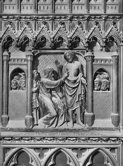 Katedrála, interiér, chórové plátno, Ježíš Kristus zjevující se apoštolům, nedůvěra sv. Tomáše, kolem 1340-51 (polychromovaný kámen) od Jean and Jean Le Boutellier Ravy