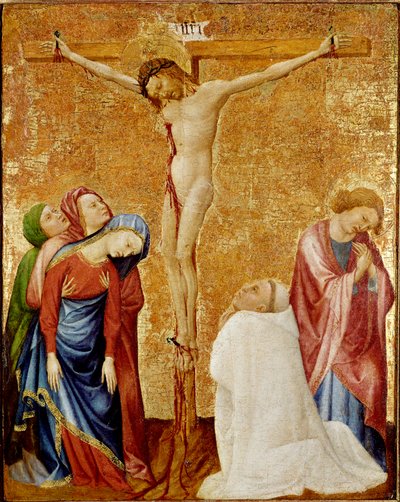 Kalvárie kartuziánskému mnichovi. Kříž obklopují tři panny a svatý Jan. Kartuziánský mnich klečí u nohou Krista. Obraz Jean de Beaumetz (1361-1396) od Jean de Beaumetz