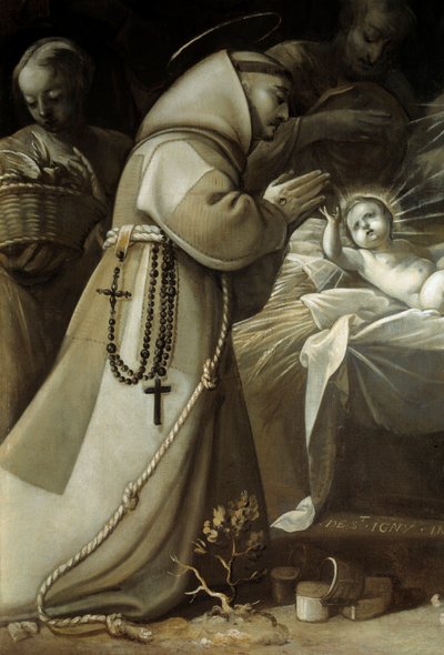 Klanění pastýřů Mnich se modlí před dítětem Ježíšem. Obraz Jean de Saint Igny od Jean de Saint Igny