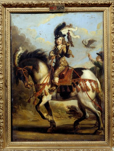 Jezdecký portrét mladého Ludvíka XIV. (1638 -1715) odjíždějícího na lov. Obraz Jeana De Saint Igny (? 1647). Olej na plátně. Rozměr: 0,41 x 0,30 m. Chantilly, Musee Conde od Jean de Saint Igny