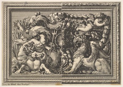Design pro panel se dvěma variantami obsahujícími hippocampu a Griffina, od: Ornements..., 1651. od Jean le Pautre