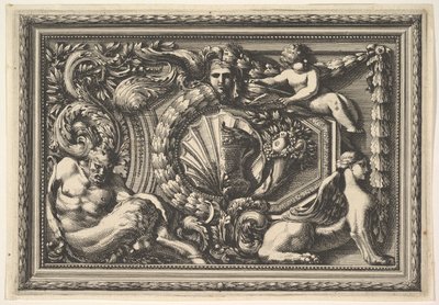 Design pro panel se dvěma variantami obsahujícími satyra a sphynxe, z: Pannea..., 17. století. od Jean le Pautre
