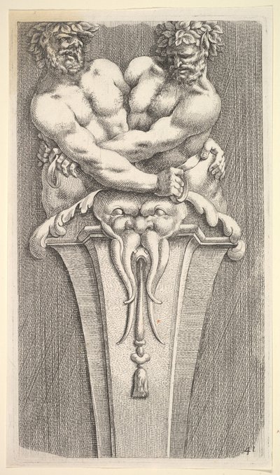 Design for a Term with two Bacchic Figures, from: Curieuses Recherches de Několik Beaus..., 1645. od Jean le Pautre