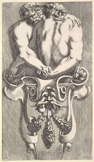 Design pro období se dvěma objímajícími satyry, od: Curieuses Recherches de Několik Beaus..., 1645. od Jean le Pautre