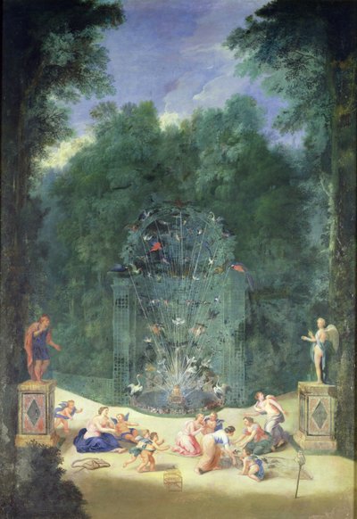 The Groves of Versailles: Pohled na vchod do bludiště s ptáky, nymfami a cherubíny, 1688 od Jean the Younger Cotelle