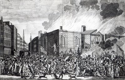 Přesná reprezentace vypálení, plenění a zničení Newgate vzbouřenci z památného 7. června 1780, vyryla Henry Roberts, 1781 od Jefferyes Hammett O