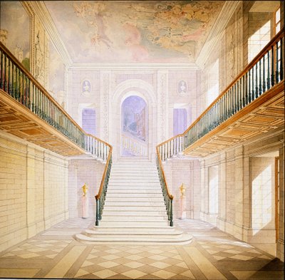 Návrh schodiště v Painted Hall, Chatsworth (akvarel na papíře) od Jeffry Wyatville
