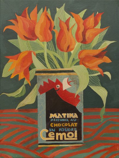 Červené tulipány ve staré plechovce od kávy (akryl) od Jennifer Abbott