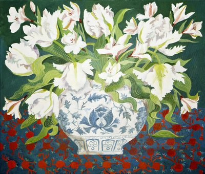 Bílé dvojité tulipány a alstromérie, 2013 (akryl na plátně) od Jennifer Abbott