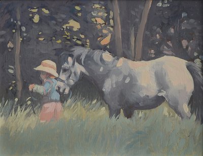 Caroline a Rosie Pony (olej na plátně) od Jennifer Wright
