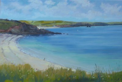 Thurlestone Beach, klidný letní den, 2016, olej. od Jennifer Wright