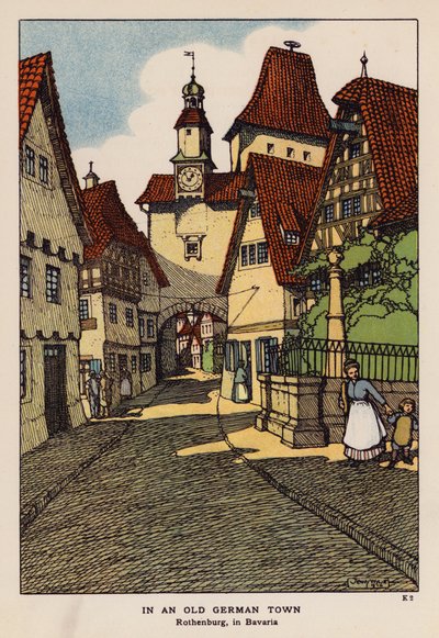 Ve starém německém městě Rothenburg v Bavorsku (barevná litografie) od Jenny Wylie