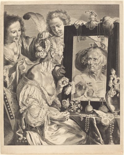 Stará žena u toaletního stolku od Jeremias Falck after Johann Liss after Bernardo Strozzi