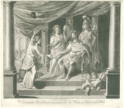 Alegorie na Národní shromáždění, 1796 Symbolický umělecký tisk v Národním shromáždění zastupující lid Nizozemska (název na objektu) od Jeremias Snoek