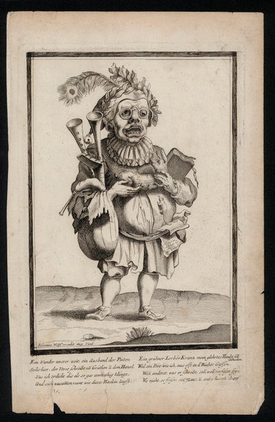 Muž nesoucí sadu dud a na hlavě čelenku z pavího pera, surrealistický potisk kostýmů, c1700 (rytina) od Jeremias Wolff