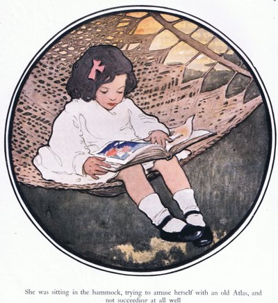 Seděla v houpací síti a snažila se pobavit starým atlasem a vůbec se jí nedařilo (barva litho) od Jessie Willcox Smith