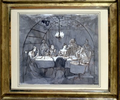 Fête des Cabanes v restauraci Kasher od rodiny Mosese Ulmanna. Kresba na papíře, pero mytí v roce 1831 35,5 x 31,3 cm. (JM 189) Židovské muzeum v Basileji, Švýcarsko. od Jewish School