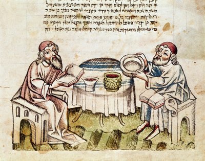 Judaismus: „“dva rabíni slaví Velikonoce obřadem sederu““ Miniatura z Mahzoru (modlitební kniha v hebrejštině) Parma z 15. století, Biblioteca Palatina od Jewish School