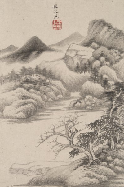 Krajina ve stylu různých starých mistrů: Ve stylu Dong Yuan, 1669 (inkoust a barva na papíře) od Wang Jian