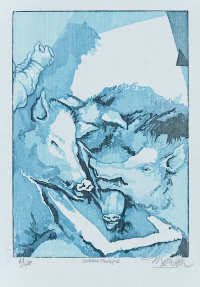Tuhlaajasiat, 2015 (puupiirros) od Jim Monson