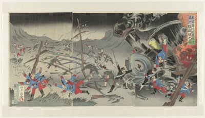 Zničení železnice v Mandžusku během rusko-japonské války Nichiro Shiberia tetsudô Manshûsen hakai no zu (název na objektu) od Jinsai Rosetsu