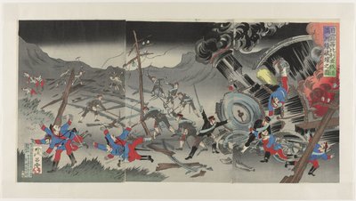 Zničení železnice v Mandžusku během rusko-japonské války Nichiro Shiberia tetsudô Manshûsen hakai no zu (název na objektu) od Jinsai Rosetsu