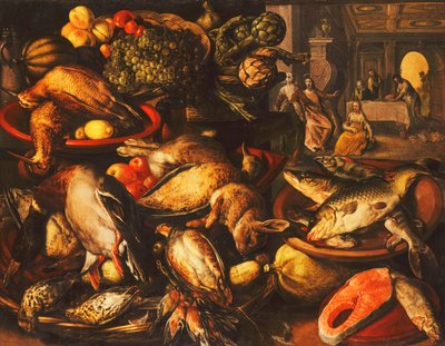Zvěřina, ryby, ovoce a zelenina v koších a miskách ve spíži, 1569 od Joachim Beuckelaer