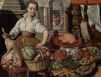 Kuchyňská scéna s Ježíšem v domě Marty a Marie v pozadí, 1569 od Joachim Beuckelaer