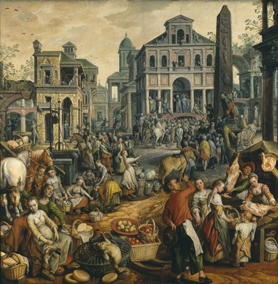 Scene de marche avec Ecce Homo - Trhová scéna s Ecce Homo, od Beuckelaera, Joachima (asi 1533-1574). Olej na dřevě od Joachim Beuckelaer