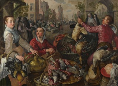 Čtyři živly: Drůbeží stání ve městě s marnotratným synem za ním - Alegorie vzduchu, 1569 od Joachim Beuckelaer