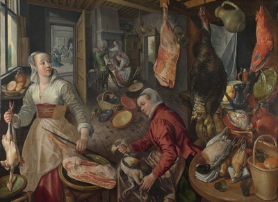 Čtyři živly: Oheň. Kuchyňská scéna s Kristem v domě Marty a Marie v pozadí - Beuckelaer (Beuckelaer), Joachim (1533-1574) - 1569 National Gallery, Londýn od Joachim Beuckelaer
