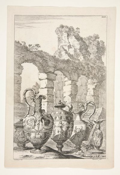 Tři džbány, zakrytá váza a svícen v krajině s ruinami od Joachim von Sandrart