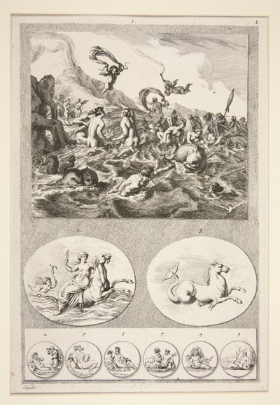 Horní polovina: Nereids Sporting Spodní polovina: Dva reliéfy a šest mincí od Joachim von Sandrart