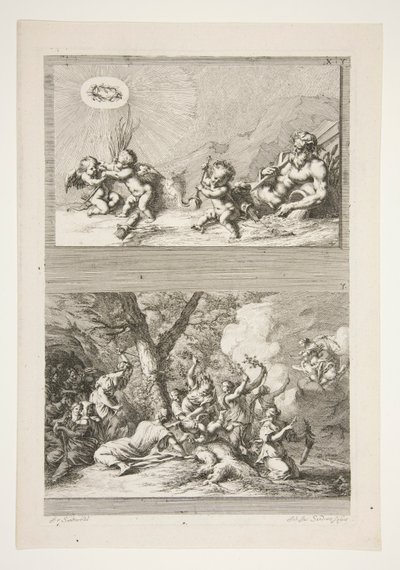 horní polovina: Říční bůh a Putti si hrají se symboly slávy spodní polovina: Trest Amora od Joachim von Sandrart