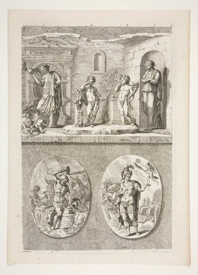 horní polovina: Čtyři starožitné sochy spodní polovina: Forge of Vulcan a Vítězný římský generál od Joachim von Sandrart