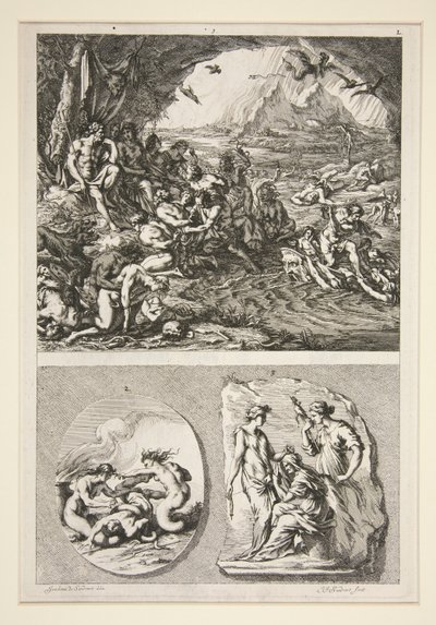 horní polovina: Quos Ego? spodní polovina: Dva starožitné reliéfy: Tři osudy a neznámý předmět od Joachim von Sandrart
