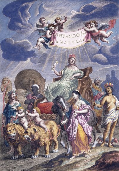 Alegorická deska s názvem, Geographia Blaviana, c.1662-1667 od Joan Blaeu