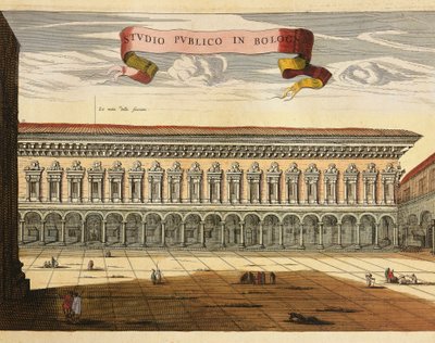 Itálie, Bologna, Pohled na veřejnou studii (Studio Pubblico) v roce 1600, rytina z The Theater of the United States and Admirands of Italy od Jean Blaeu, Amsterdam od Joan Blaeu