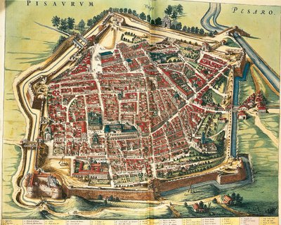 Itálie, Mapa Pesara, z Divadla města a divů Itálie od Joan Blaeu, rytina od Joan Blaeu