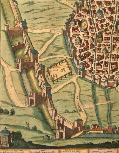 Mapa Bologne, z Divadla města Itálie, detail od Joan Blaeu, rytina od Joan Blaeu