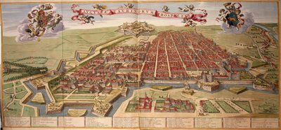 Mapa Turína od Joan Blaeu, z divadla Savoy od Joan Blaeu