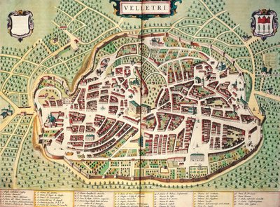 Mapa Velletri od Joan Blaeu, z divadla měst a divů Itálie, rytina od Joan Blaeu
