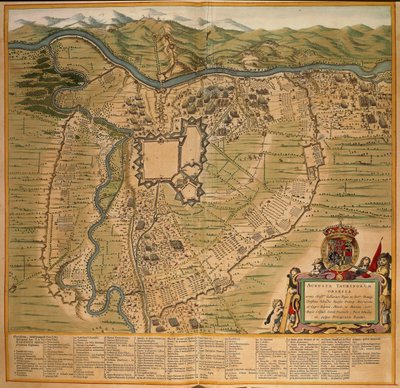 Obléhání Turína v roce 1639, barevná rytina z Theater Sabaudiae od Joan Blaeu, vytištěno v Itálii od Joan Blaeu