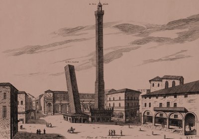 Dvě věže (Asinelli a Garisenda), Bologna, Bologna, Emilia-Romagna, Itálie, mědirytina, cca 21x29 cm od Joan Blaeu