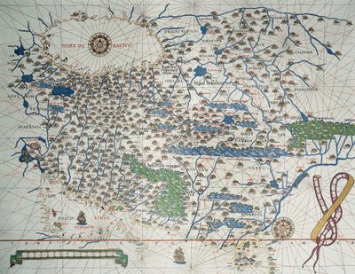Mapa Asie, včetně Arménie, Íránu, Afghánistánu, s větrnou růžice, detaily přístavů, pobřeží a námořních tras, v Atlas de Joan Martines od Joan Martines