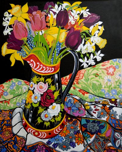 Džbán na lodi přes kanál, narcisy a tulipány,2005 (kvaš) od Joan Thewsey