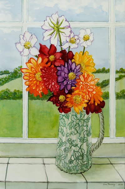 Jiřiny na okenním parapetu chalupy,2010,akvarel od Joan Thewsey