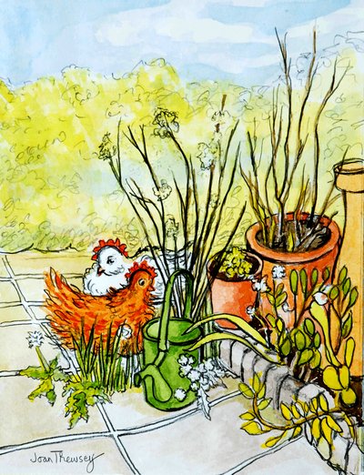 Slepice a květináče, Lucy Redman Open Garden, 2000, (tužka s akvarelem) od Joan Thewsey