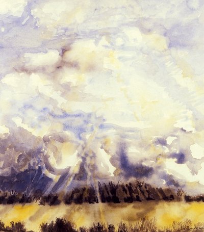 Březnová obloha,1989, akvarel na ručním papíře od Joan Thewsey