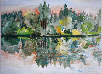 Jezero při západu slunce, Bremes les Ardres, 2000, od Joan Thewsey